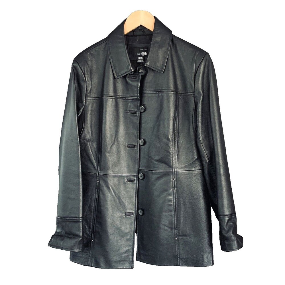 Y2K East 5th Structured Genuine Leather Coat Jacket Sz L Black Sleek Minimalist